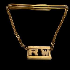 Vintage Swank Tie Clip with Chain Men's Gold Tone Monogrammed RW